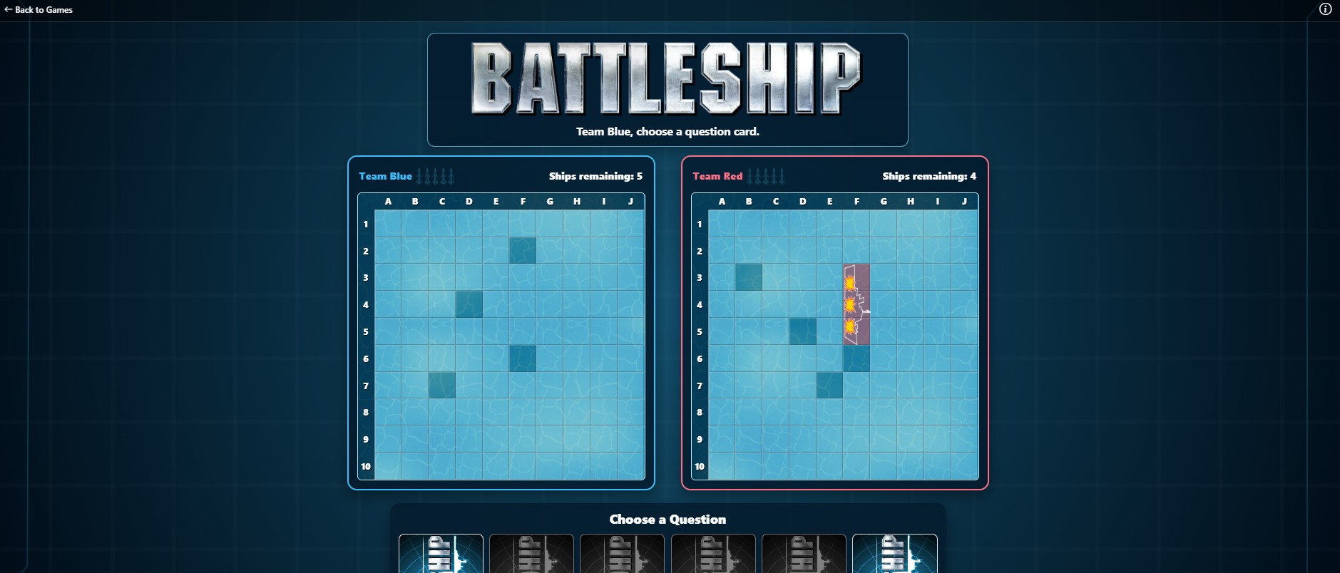 Two teams playing an online Battleship review game
